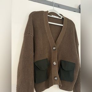 Zara Military Style Cardigan Army Green MEDIUM women’s Double Pocket Knit